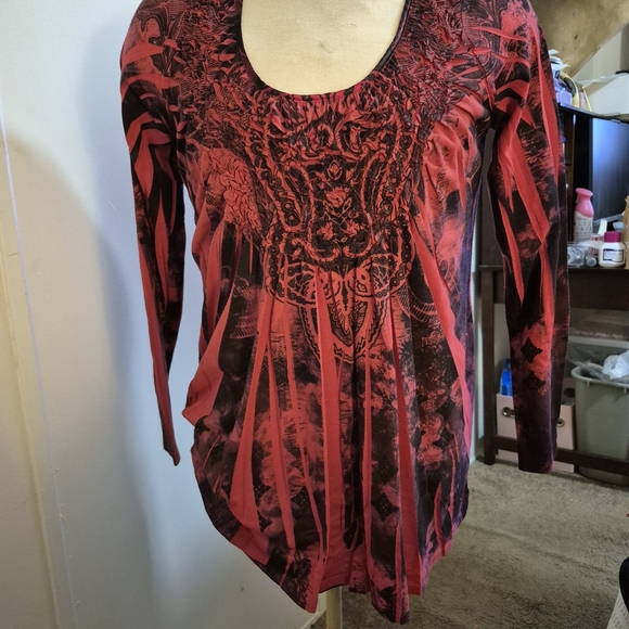 ONE WORLD Brown and Red Graphic Long Sleeve Blouse Large - Picture 1 of 3